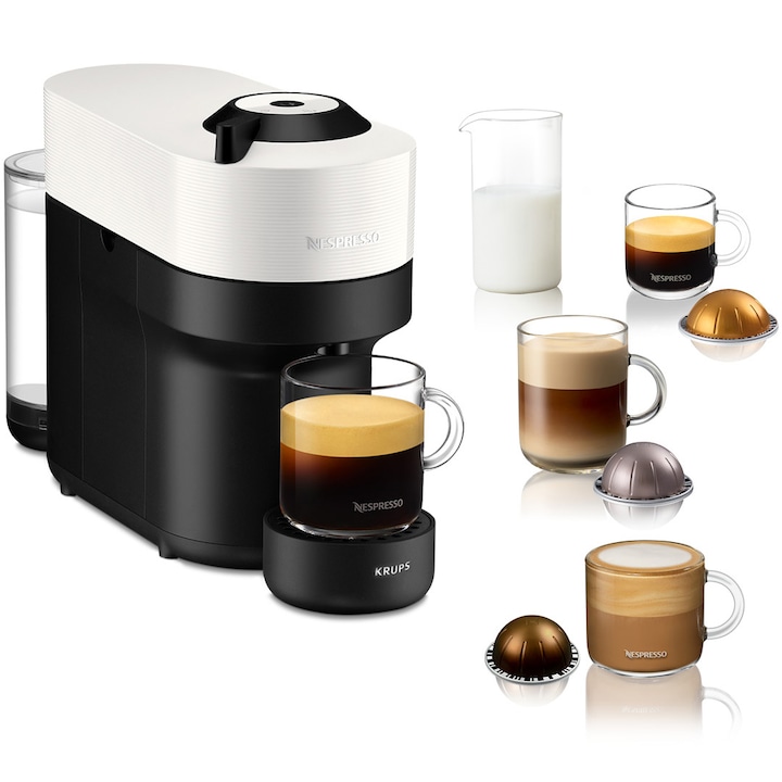 Еспресо машина Nespresso by Krups Vertuo Pop XN920110, 1500W, Технология за центрофужна екстракция, 4 рецепти за кафе, 0,56 л, Бял
