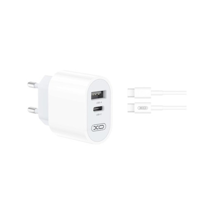 XO L97 hálózati töltő, USB/USB-C, Gyorstöltés, 2,4A, 12W, 1 m USB-C/microUSB kábel mellékelve, Fehér