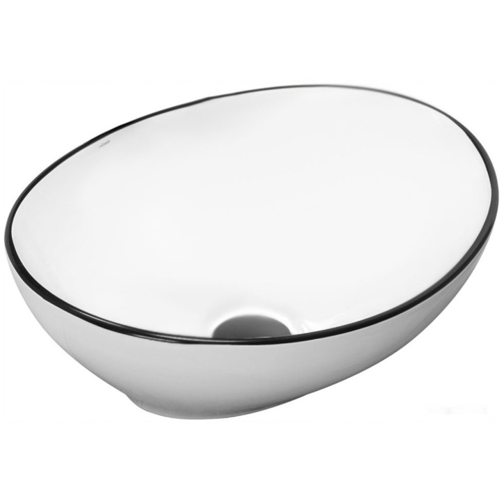 Lavoar pe blat Rebiko oval, ceramic, design modern si elegant, alb cu margine neagra, 42 x 34 x 15 cm