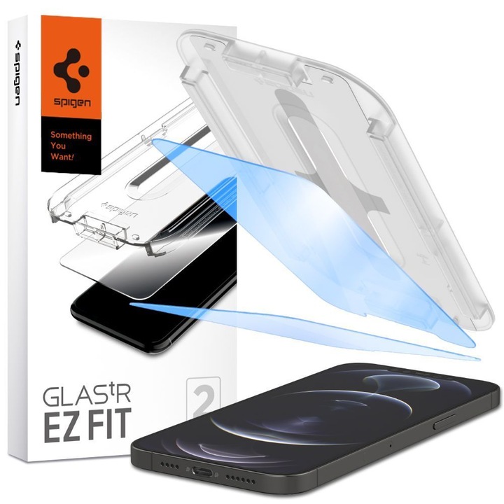 Spigen Glass Tr Ez Fit iPhone 13 / 13 Pro telefon képernyővédő fólia, üveg, teljes rögzítőkészlet, 2 db, Antiblue