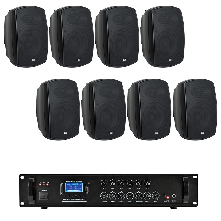 Аудио система 8 колони за тераса, USB, Bluetooth, 240W усилвател, Черен