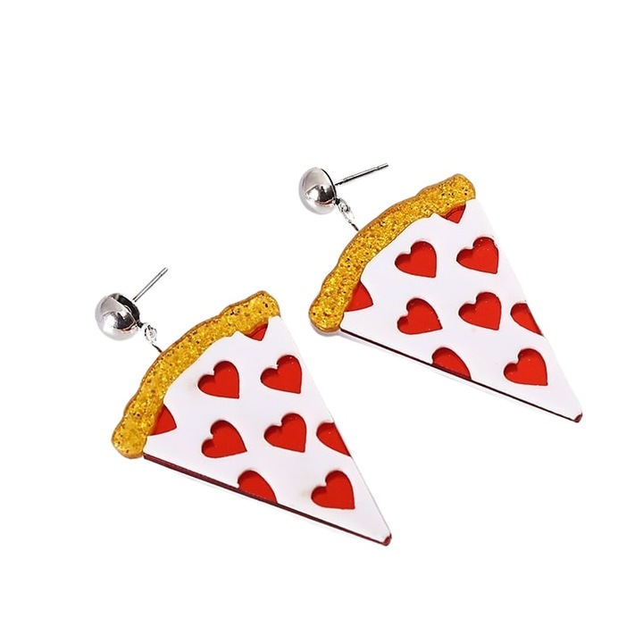 Cercei argintii, forma de felie de pizza, cu inimioare rosii, Axeline C14, Pursehuit