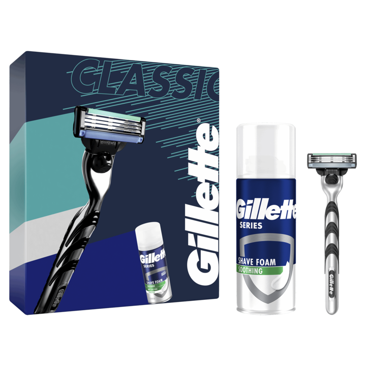 Подаръчен комплект Gillette: Самобръсначка Gillette Mach3 + Пяна за бръснене Series Sensitive, 100 мл
