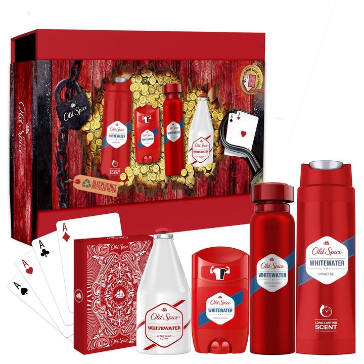 Подаръчен комплект Old Spice Pirate: Дезодорант стик, 50 мл + Дезодорант спрей, 150 мл + Душ гел, 250 мл+ Афтършейв, 100 мл + Карти за игра Old Spice