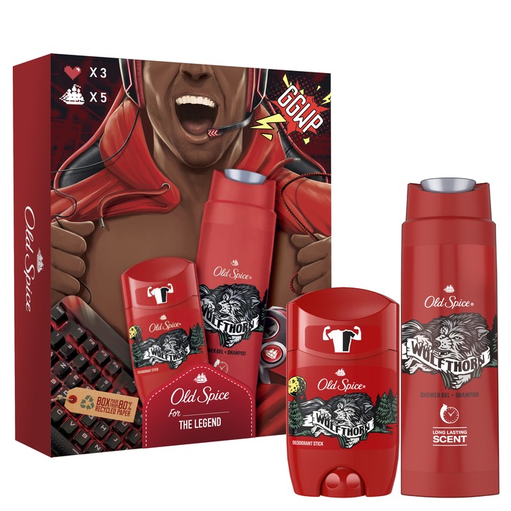 Set Cadou Old Spice Gamer: Deodorant spray Wolfthorn, 150 ml + Gel de dus, 250 ml