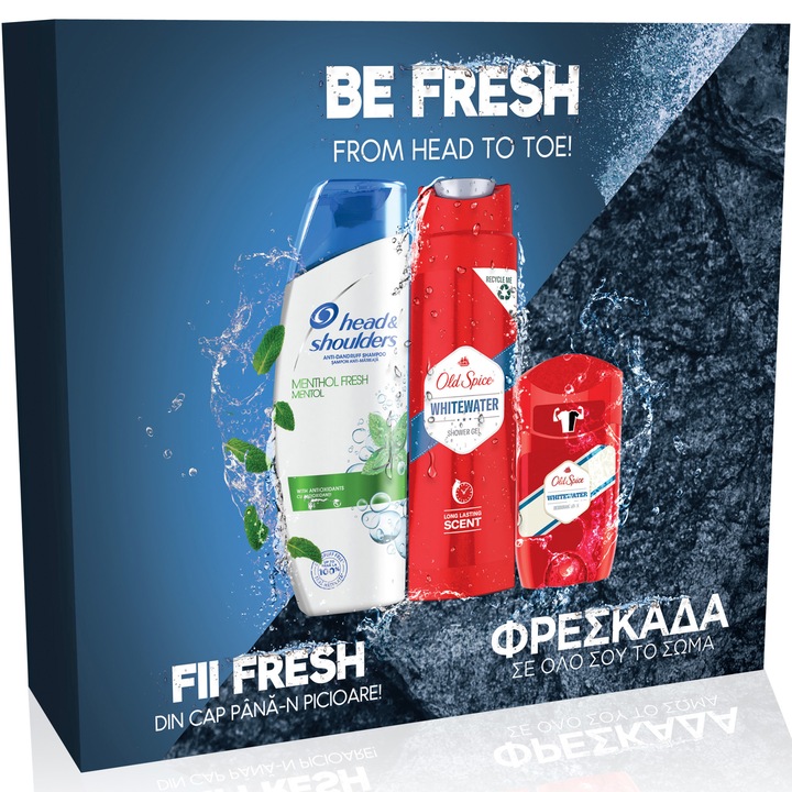 Set Cadou pentru barbati: Sampon Head & Shoulders Menthol, 225 ml + Gel de dus Old Spice Whitewater, 250 ml + Deodorant stick Old Spice Whitewater, 50 ml