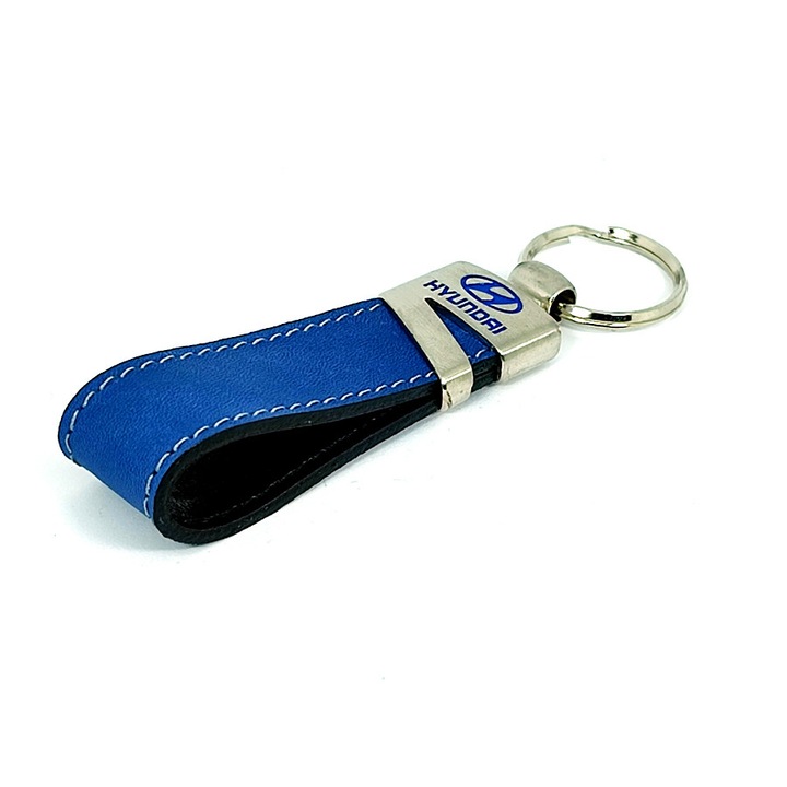 Ключодържател, естествена кожа, лого на Hyundai, син/черен