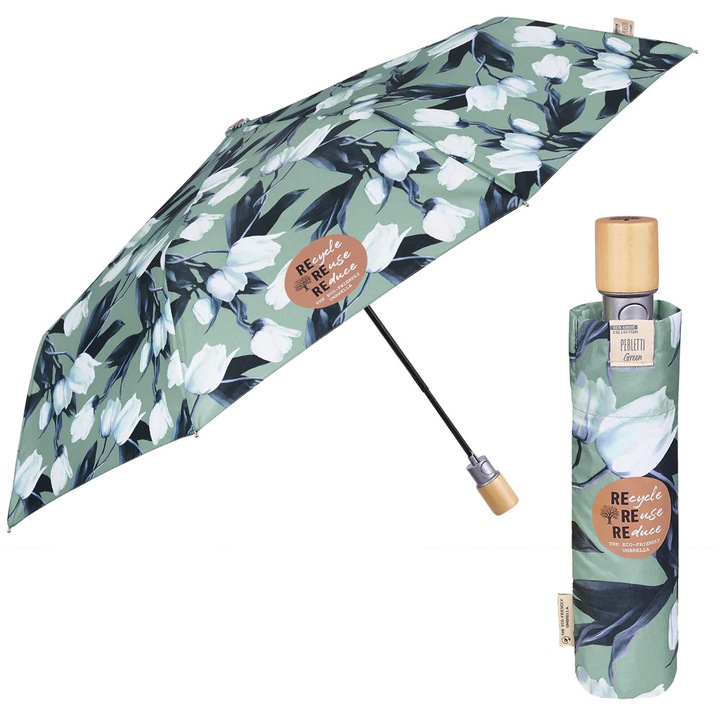 Дамски автоматичен чадър Perletti Green 19123, Бели лалета