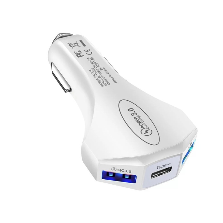 Incarcator Auto Inteligent OZ Premium cu 3 Porturi, 1xTYPE-C 3.1A si 2xUSB 3.0 Fast Charge Multiple Protectii pentru Siguranta si Incarcare Rapida, Alb