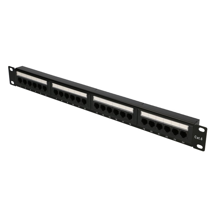 Extralink patch panel 19 hüvelykes rack szekrényekhez, 24 port, Cat6, UTP, RJ-45, fekete