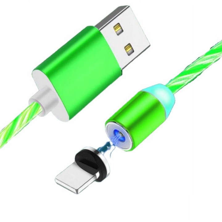 Cablu magnetic Topk micro USB, nailon, LED QC 1M 3A, Verde