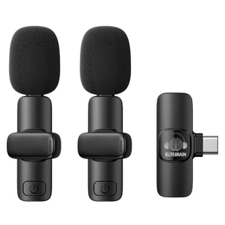 Set 2 Microfoane Lavaliera profesionala, Android, ELITEBRAIN, Wireless, Type C, telefon, laptop, tableta