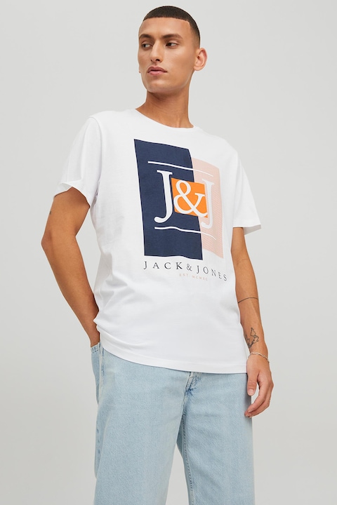 Jack & Jones, Kerek nyakú pamutpóló kontrasztos logómintával, Fehér/Narancssárga/Tengerészkék