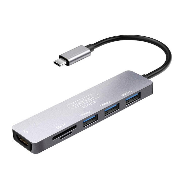 Докинг станция Earldom ET-W18, Type-C към 3xUSB 3.0, SD, MicroSD, HDMI, Сив