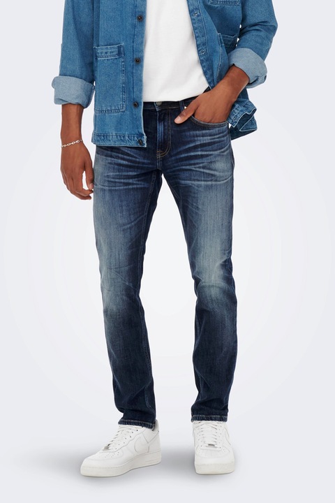 Only & sons, Blugi regular fit cu detalii cu aspect decolorat, Albastru inchis