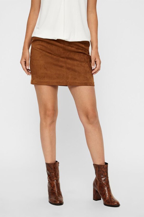 Vero Moda, Fusta mini de piele intoarsa sintetica, Maro scortisoara