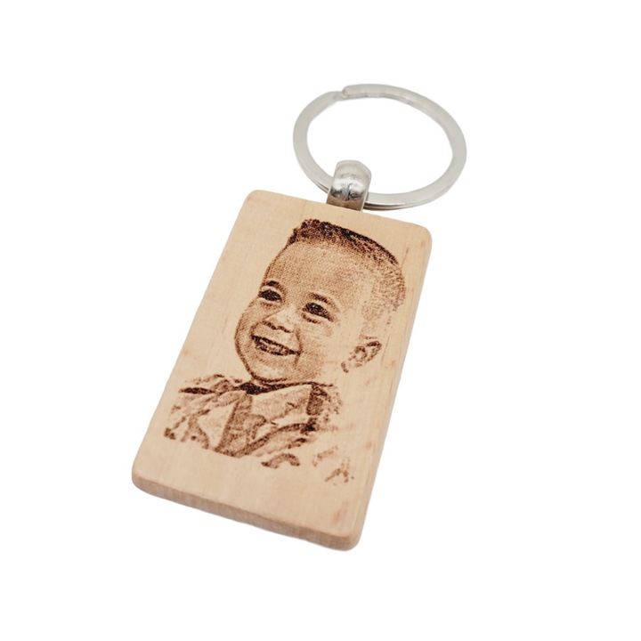 Breloc de lemn, personalizat cu poza si mesaj, 5x3 cm