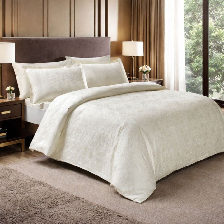 Lenjerie pat dublu jacquard, satin de lux, 6 piese, 240x260 cm, Tac, Nodus Krem
