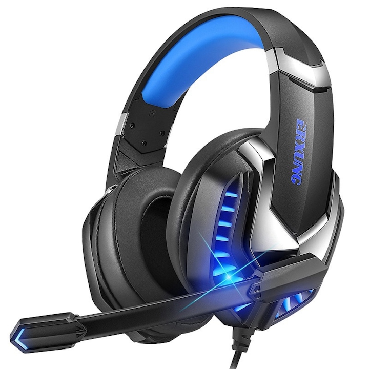 Gamer fejhallgató ERXUNG J30, fekete kék LED-ekkel, 3,5 mm-es jack csatlakozóval, sztereó hang, háttérzaj csökkentése, Laptop PC, Mac, PS4, PS5, Xbox One