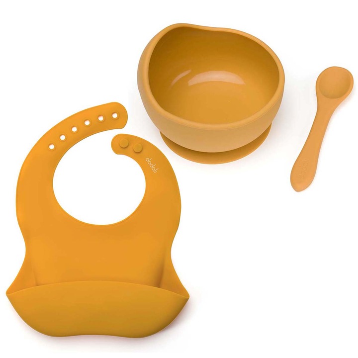Set diversificare Dodoli din silicon pentru bebelusi cu bol, baveta, lingurita, Honey