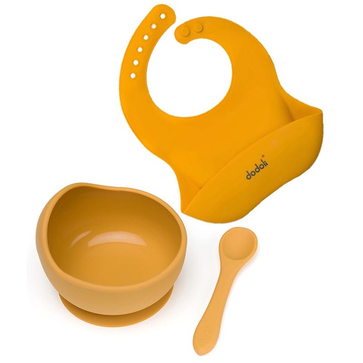 Силиконов комплект за бебета с купа, лъжичка и лигавник, Dodoli, Жълт