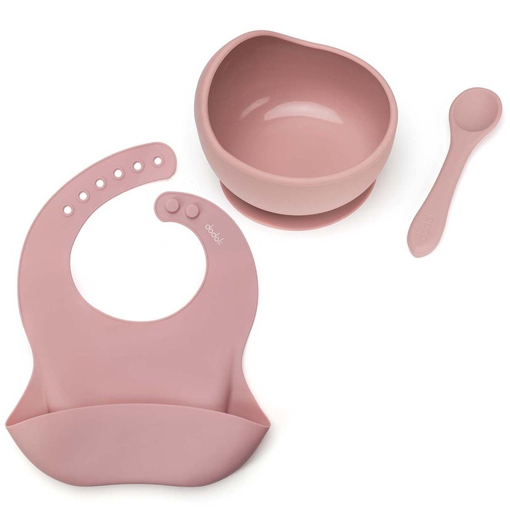 Set diversificare Dodoli din silicon pentru bebelusi cu bol, baveta, lingurita, Rosewood