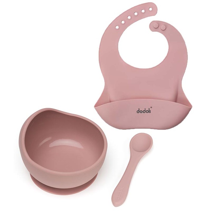 Силиконов разнообразяващ комплект за бебета с купа, лъжичка и лигавник, Dodoli, Розов