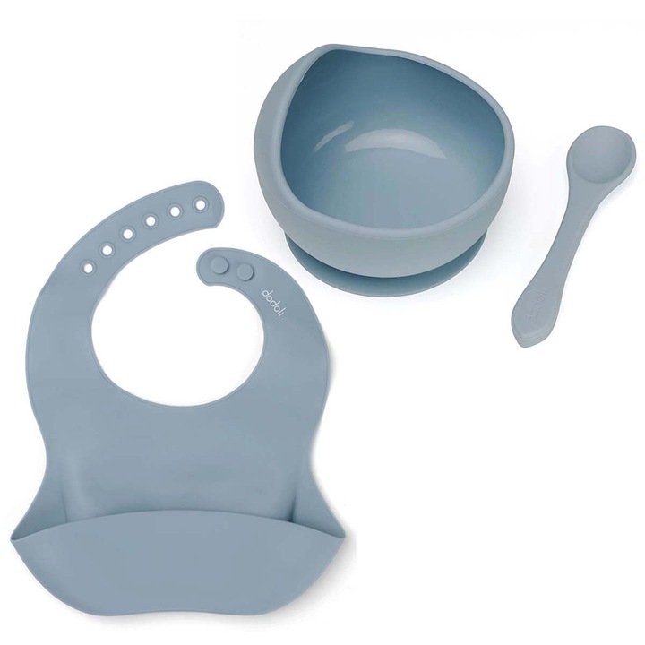 Set diversificare Dodoli din silicon pentru bebelusi cu bol, baveta, lingurita, Seablue