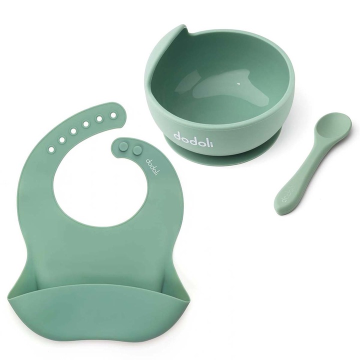 Set diversificare Dodoli din silicon pentru bebelusi cu bol, baveta, lingurita, Cyan