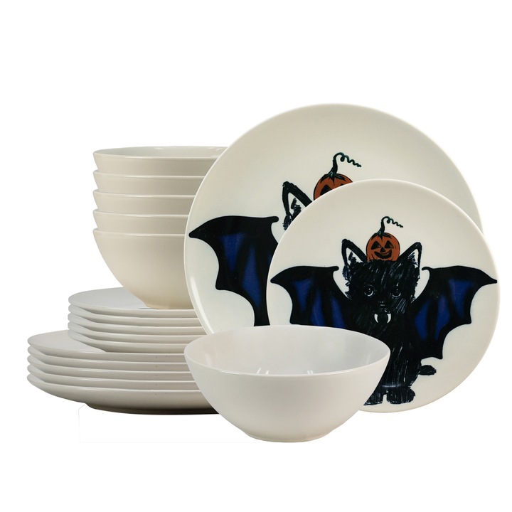 Set farfurii 18 piese, pentru 6 persoane, BatKitty, 18 piese, Cesiro, Ivoire cu Pisica