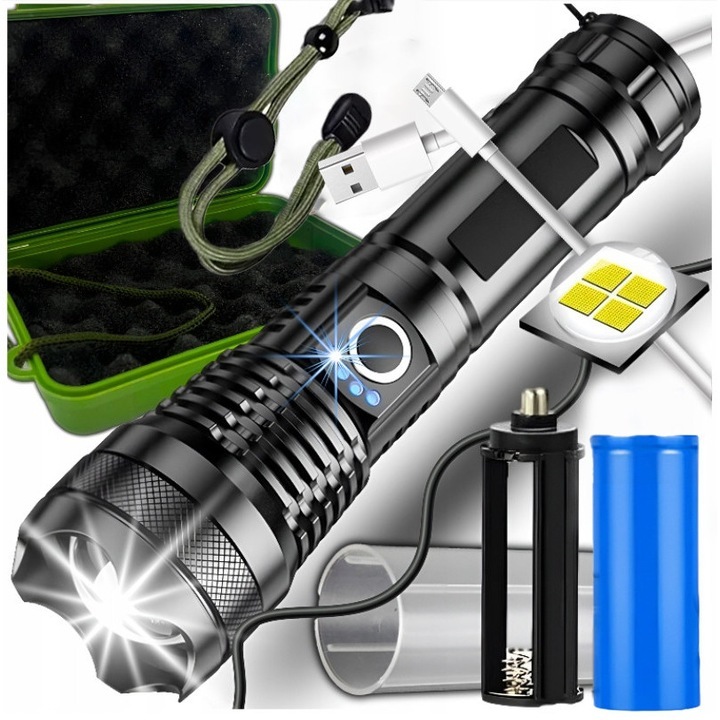 Lanterna reincarcabila P50, Excitat®, LED, 5 moduri, 1000 lumeni, 5V, Ideala pentru Camping, Drumetii, Supravietuire, Explorare si Urgente, Rezistenta la Apa, Negru