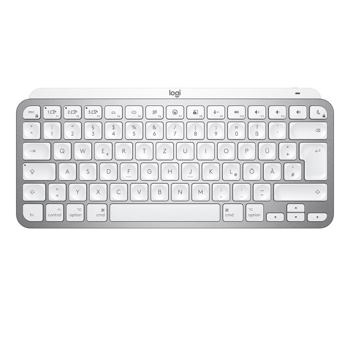 Мини клавиатура Logitech MX Keys за Mac, Bluetooth, немска подредба, бледо сиво