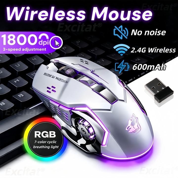 Mouse gaming, Excitat®, Receptor USB, 7 culori cu LED-uri, Mouse Bluetooth 2.4GHz, Mut, Gri