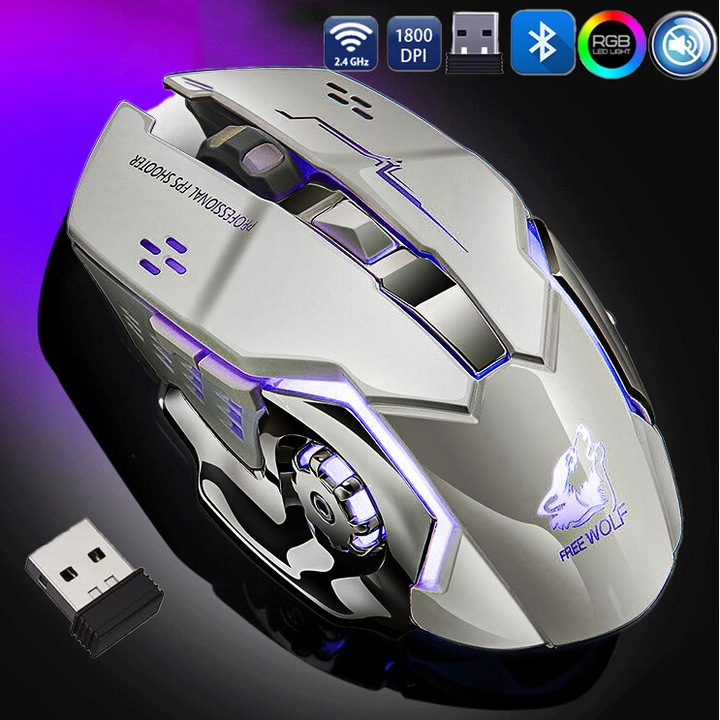 Mouse gaming, Excitat®, Receptor USB, 7 culori cu LED-uri, Mouse Bluetooth 2.4GHz, Mut, Gri