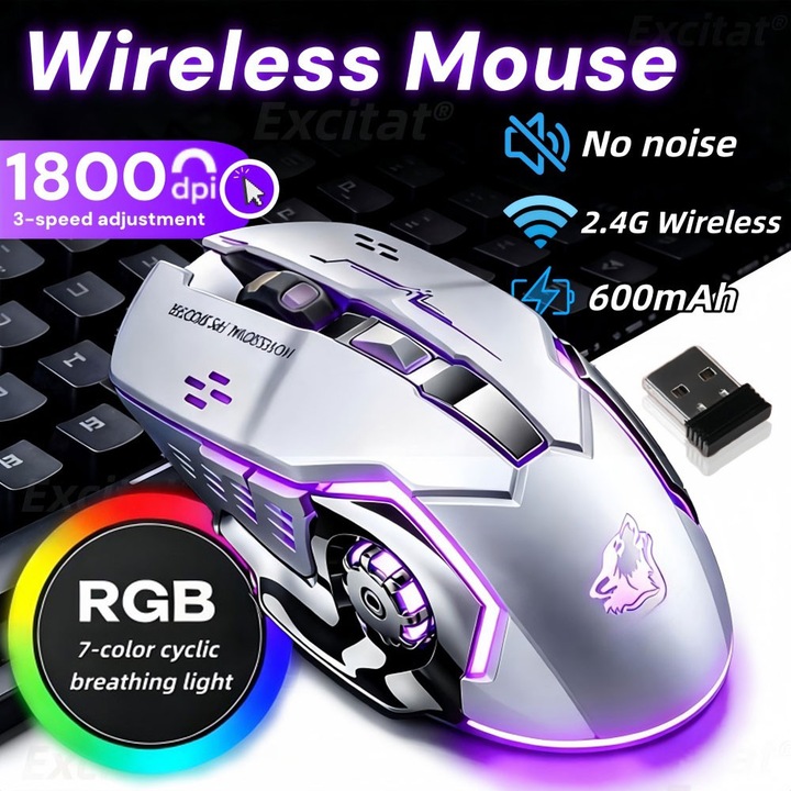 Mouse gaming, Excitat®, Receptor USB, 7 culori cu LED-uri, Mouse Bluetooth 2.4GHz, Mut, Gri