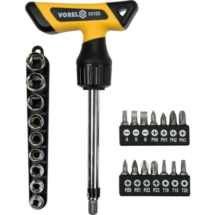 Комплект от 25 накрайника за отвертка Vorel, гаечни ключове и отвертка с тресчотка