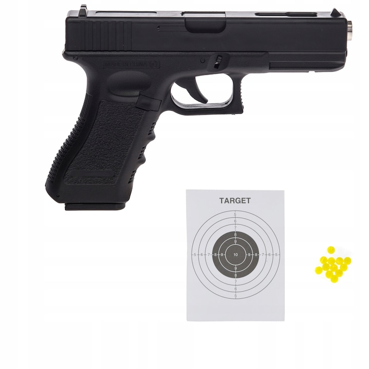 Комплект пистолет airsoft с топчета и мишена, реплика ASG, 6 mm, Пластмаса, Черен/Жълт