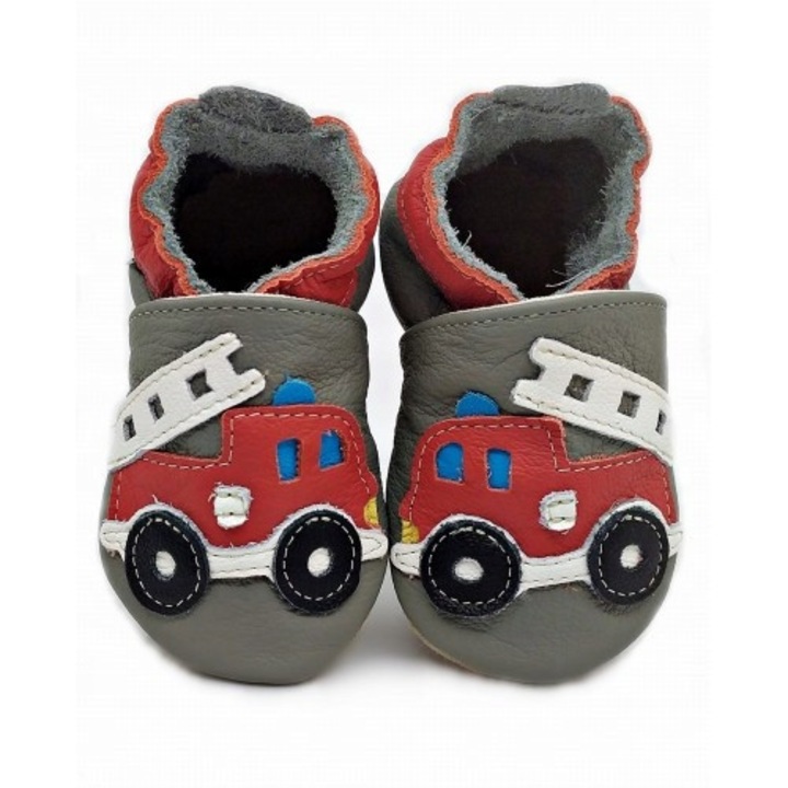 Papuci copii Truck, EkoTuptusie, Piele naturala, Gri/Rosu