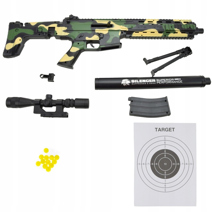 Играчка пистолет с топка с мерник и заглушител, пластмаса/ABS, многоцветен