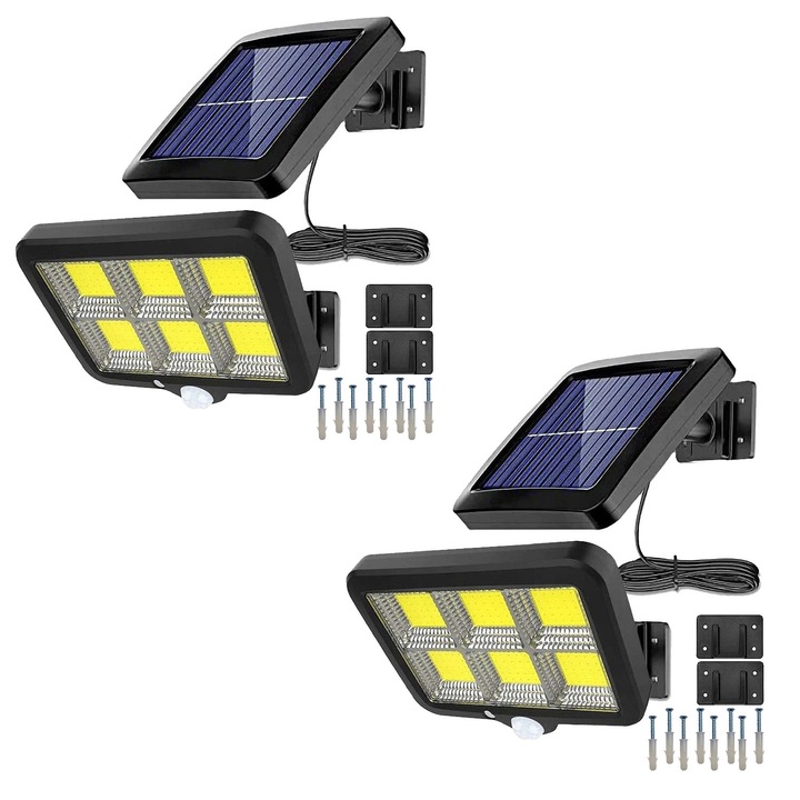Set 2 lampi cu incarcare solara, cu senzori de amurg, miscare si lumina, 3 moduri functionare, telecomanda, 120 x LED COB - 6, K KATHODE