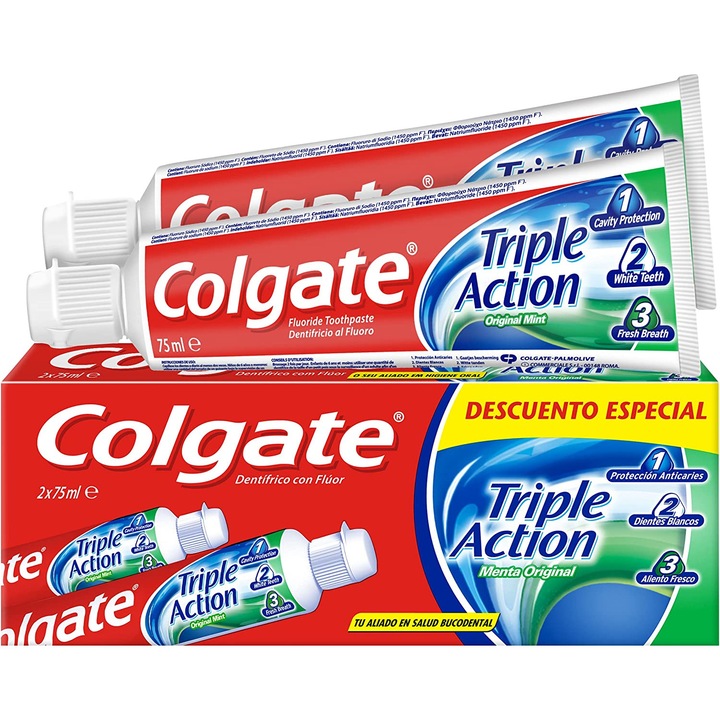 2 db Colgate Triple Action fogkrémből álló készlet, háromszoros hatású a szájhigiénia megőrzéséhez, 2 x 75 ml