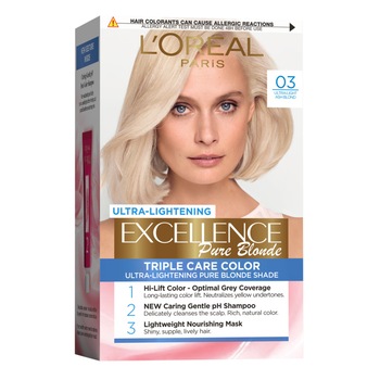Vopsea de par permanenta cu amoniac L'Oreal Paris Excellence Creme 03 Blond Ultra-Deschis Cenusiu, 192 ml Vopsea de par permanenta cu amoniac L'Oreal Paris Excellence Creme 03 Blond Ultra-Deschis Cenusiu, 192 ml