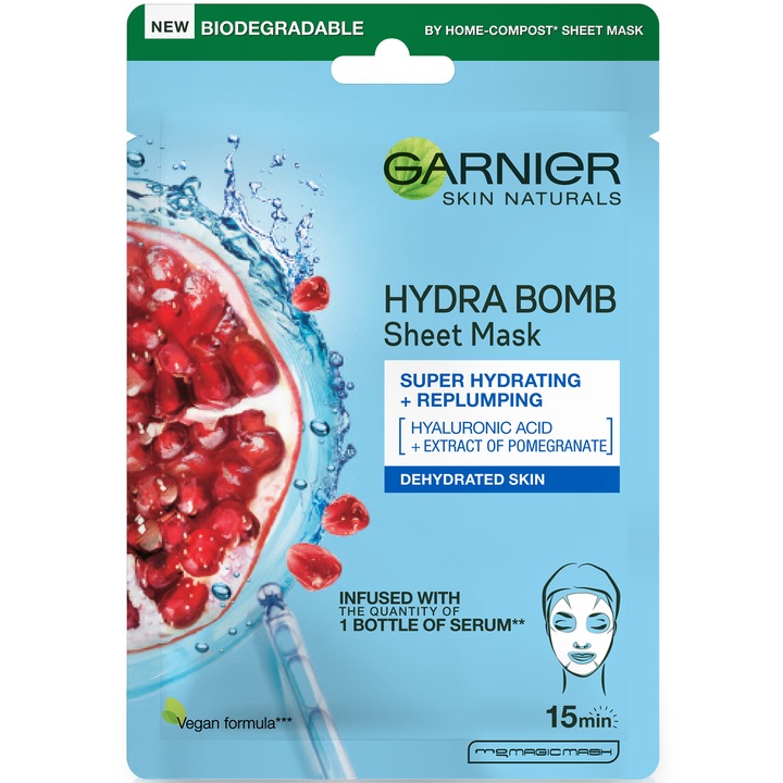 Masca servetel Garnier Moisture + Aqua Bomb cu rodie, 32 g