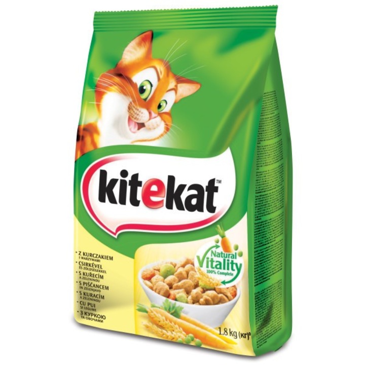 Суха храна за котки Kitekat за възрастни с вкус на пилешко месо и зеленчуци, количество 1,8 кг