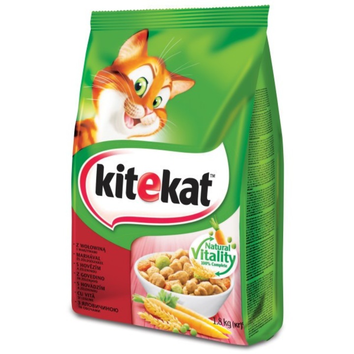 Суха храна за котки Kitekat за възрастни с вкус на телешко и зеленчуци, количество 1,8 кг