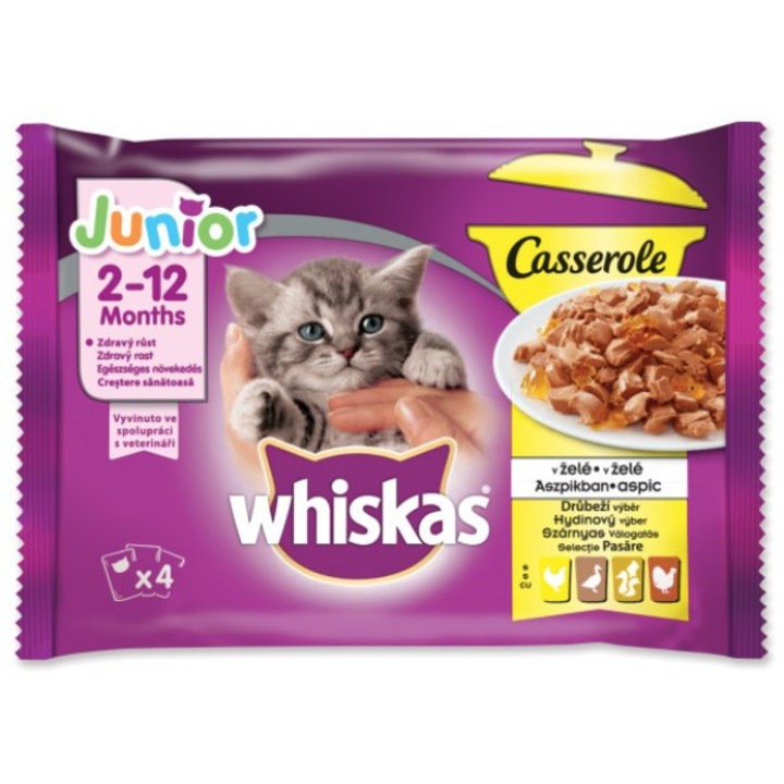 Hrana umeda pentru pisici, Whiskas Casserole, pentru junior, selectii de pasare, cantitate 4 x 85 g