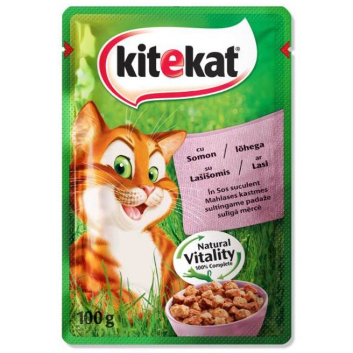 Мокра храна за котки, Kitekat, за възрастни, с вкус на сьомга, количество на продукта 100 g