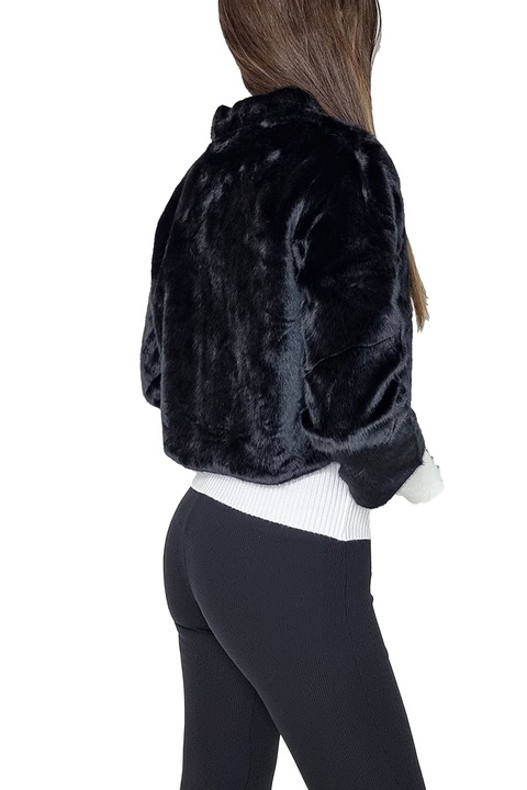 Haina din blana ecologica Graziana, cu maneca trei sferturi si accesoriu inclus, Negru, Marimea universala S/M