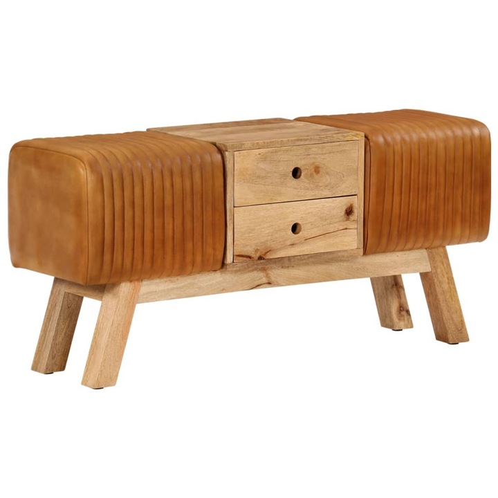 Banca Bok maro vidaXL, 107 x 30 x 49 cm, piele naturala capra / lemn masiv mango