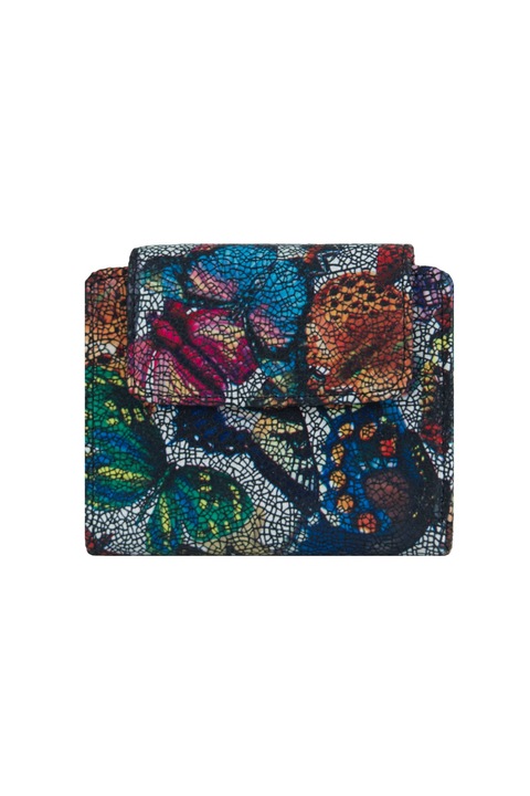 Portofel de dama, Stefania, Evelyn, Piele naturala, Imprimeu fluturi, 100 x 115 mm, Negru